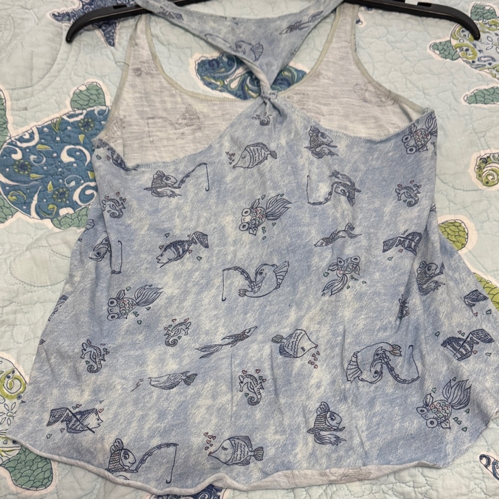 Hollister Light Blue Fish Patterned Tank Top with Twist Back Small - Picture 7 of 7